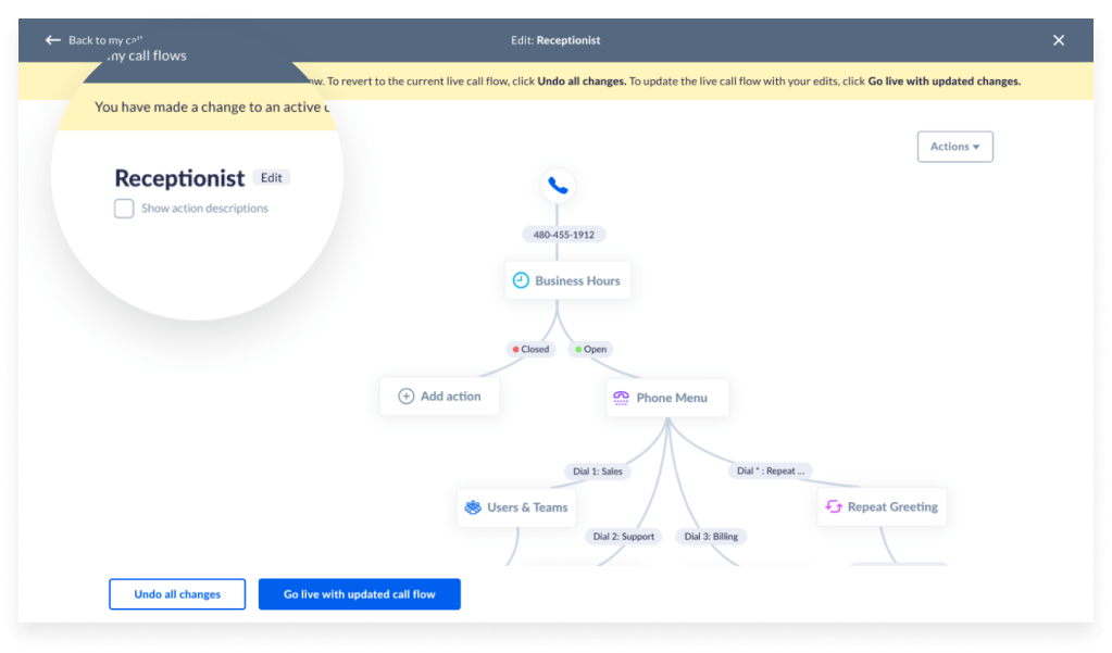 Nextiva's AI virtual receptionist feature