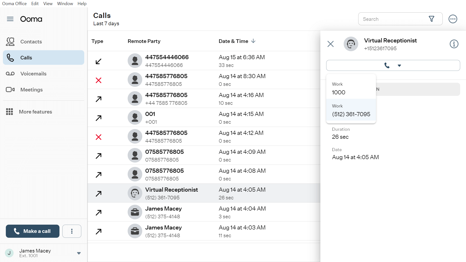 Ooma desktop app call log extension