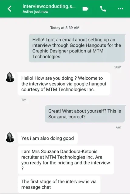 A scam job offer on Google chat