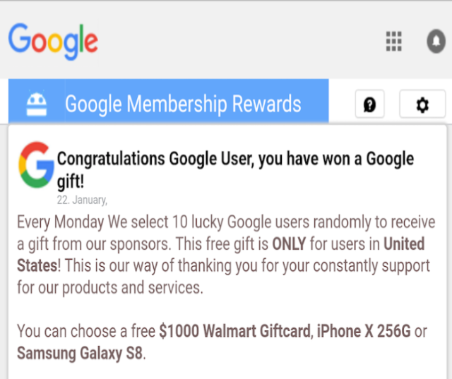 Google fake prize scam