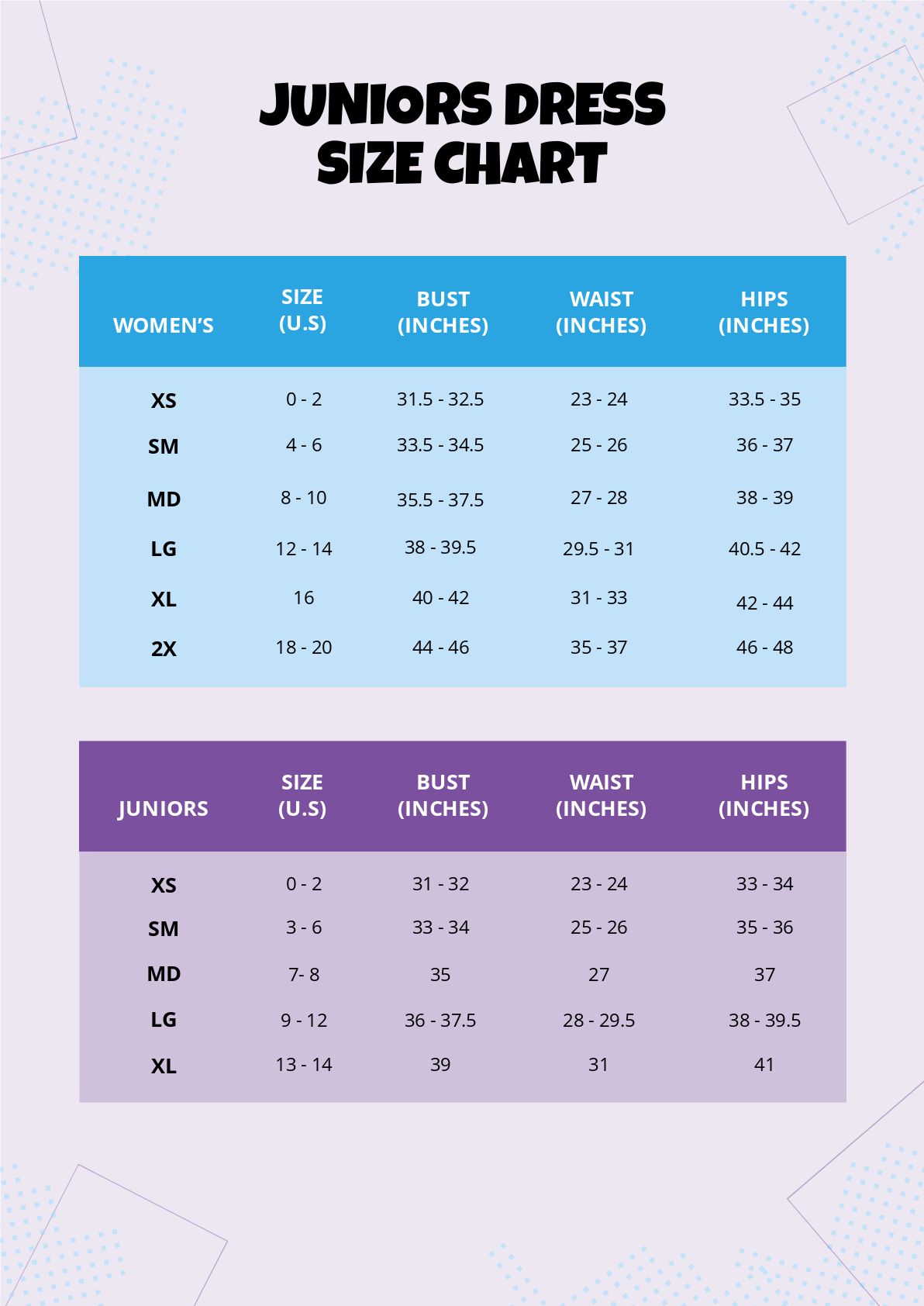 Juniors Dress Size Chart in PDF - Download | Template.net