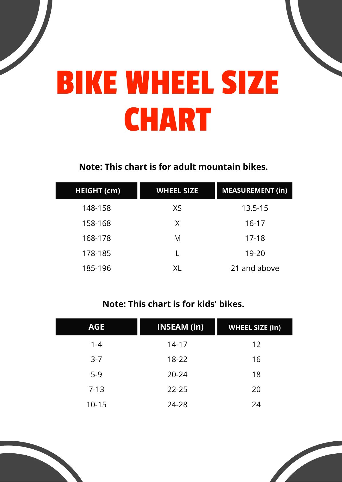 Bike Wheel Size Chart