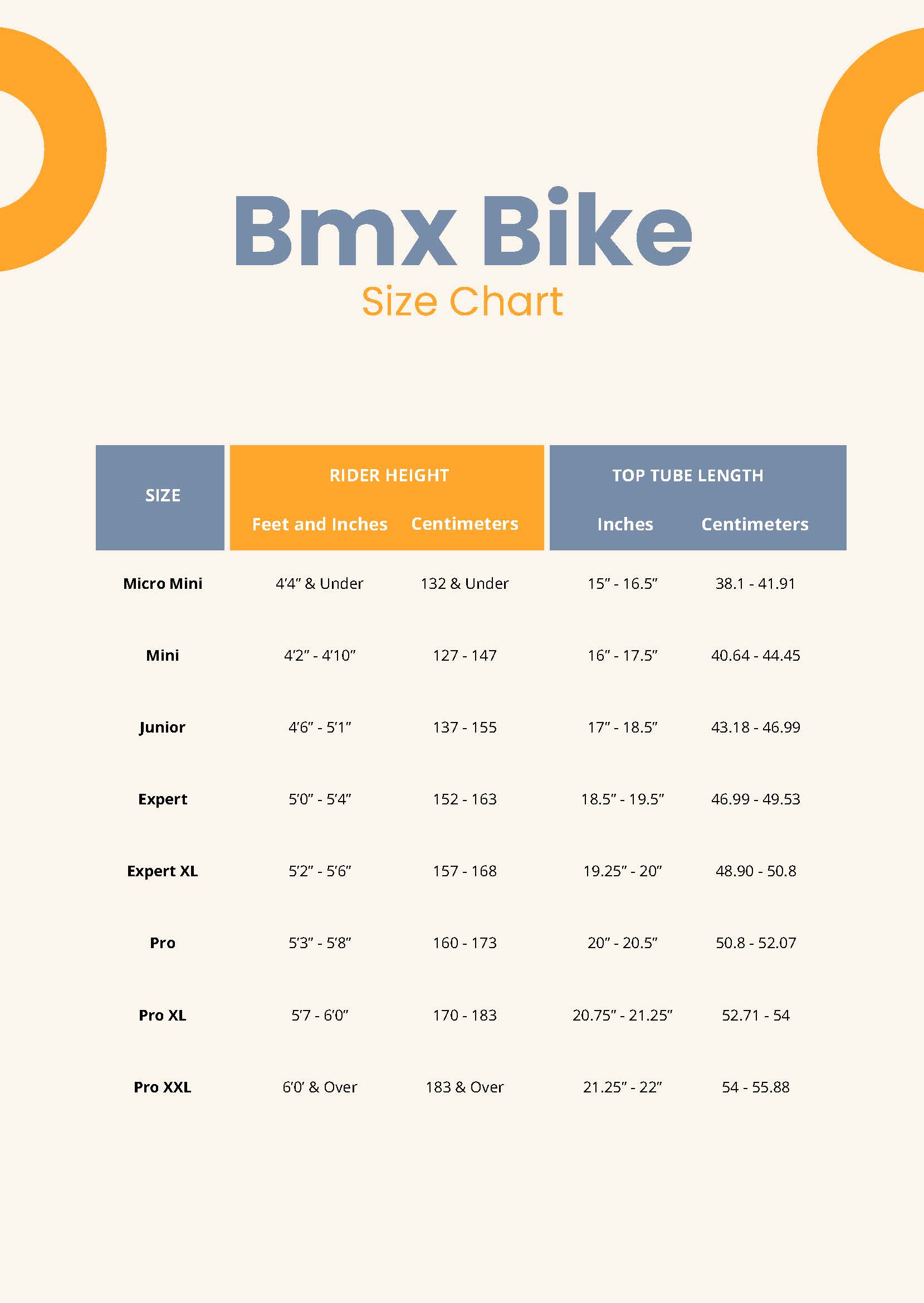 BMX Bike Size Chart in PDF - Download | Template.net