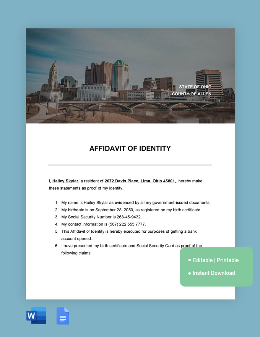 Ohio Affidavit Of Identity Template