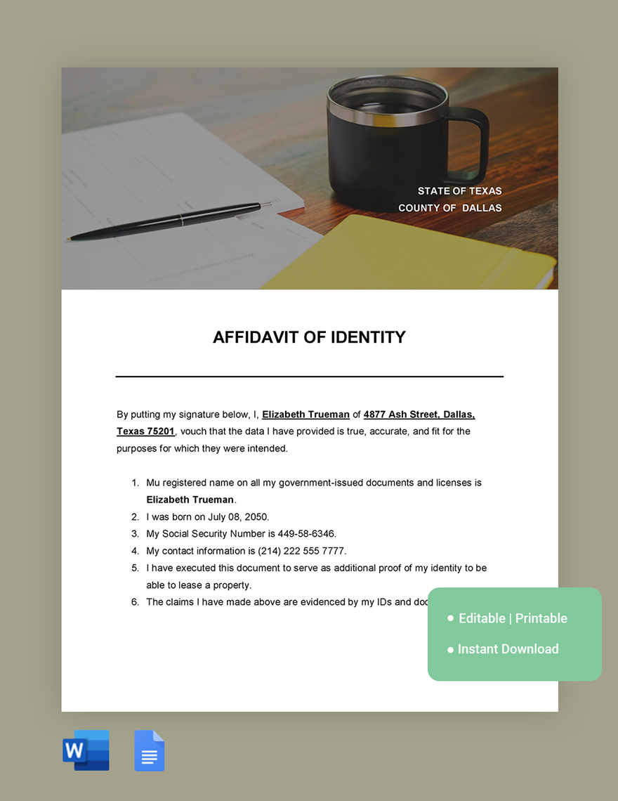 Texas Affidavit Of Identity Template