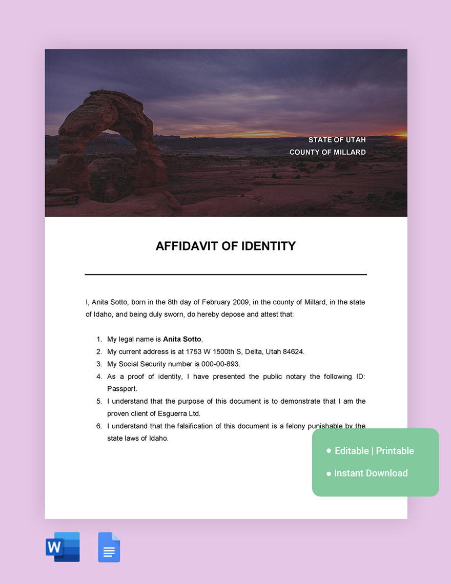 Utah Affidavit Of Identity Template