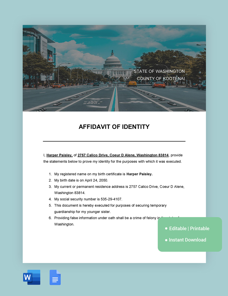 Washington Affidavit Of Identity Template