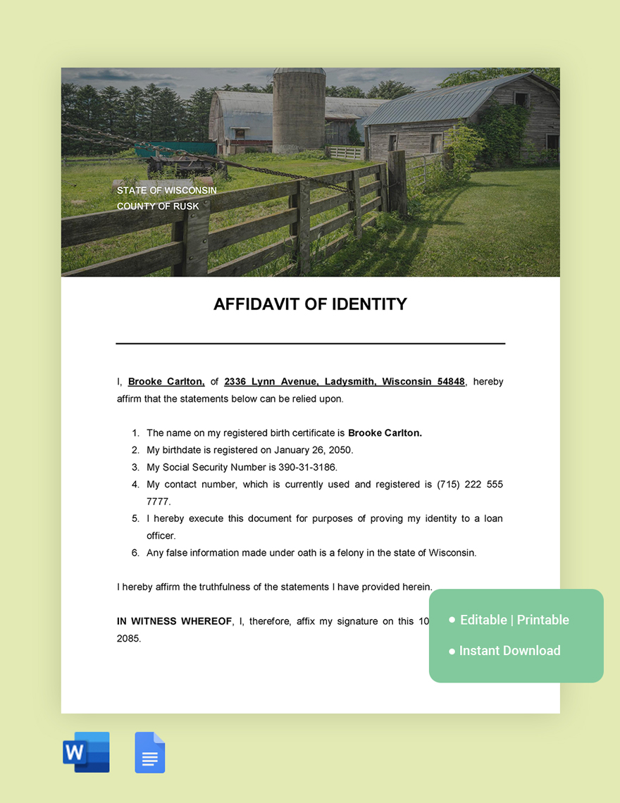 Wisconsin Affidavit Of Identity Template