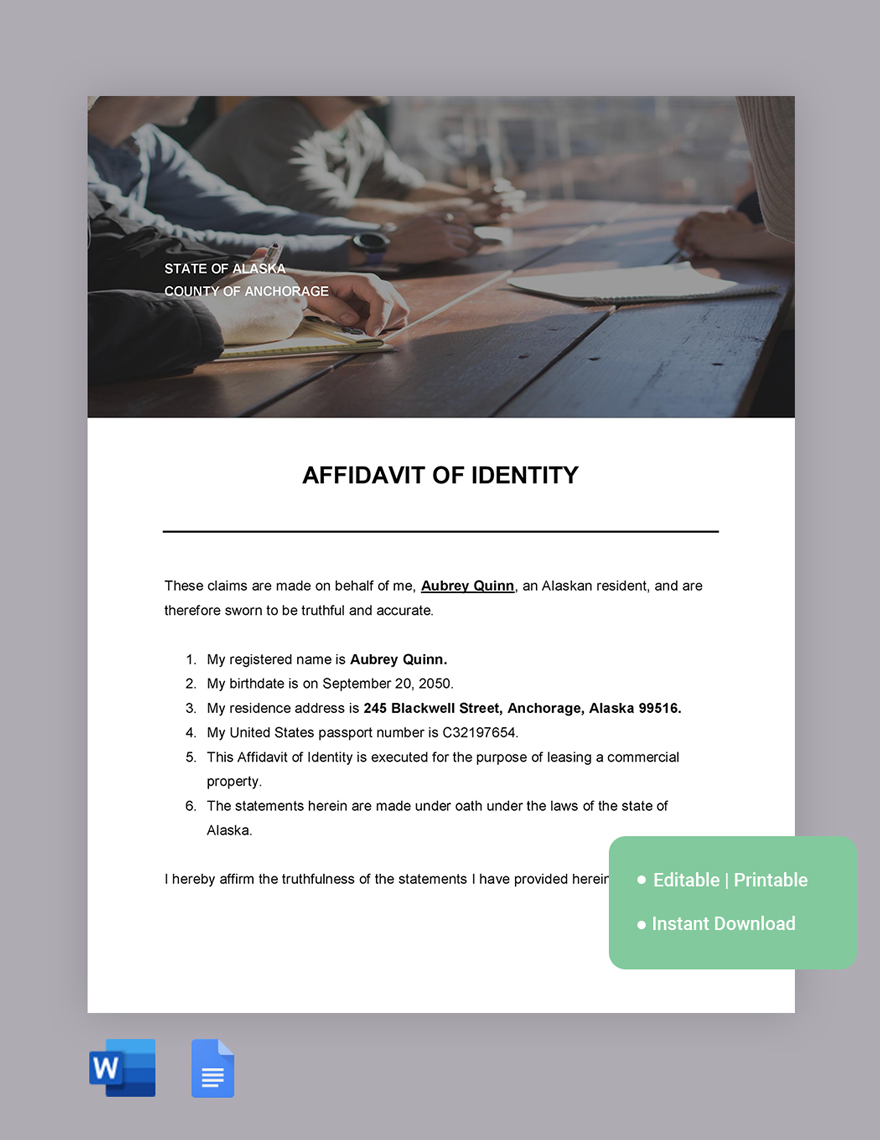 Sample Affidavit Of Identity Template