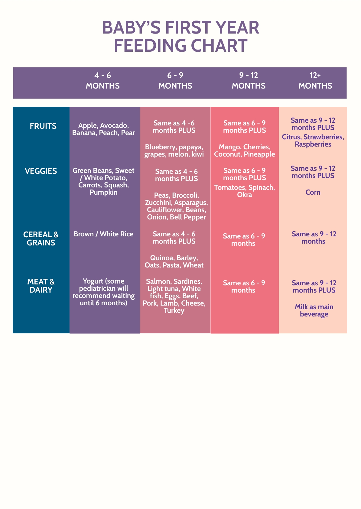 Baby's First Year Feeding Chart