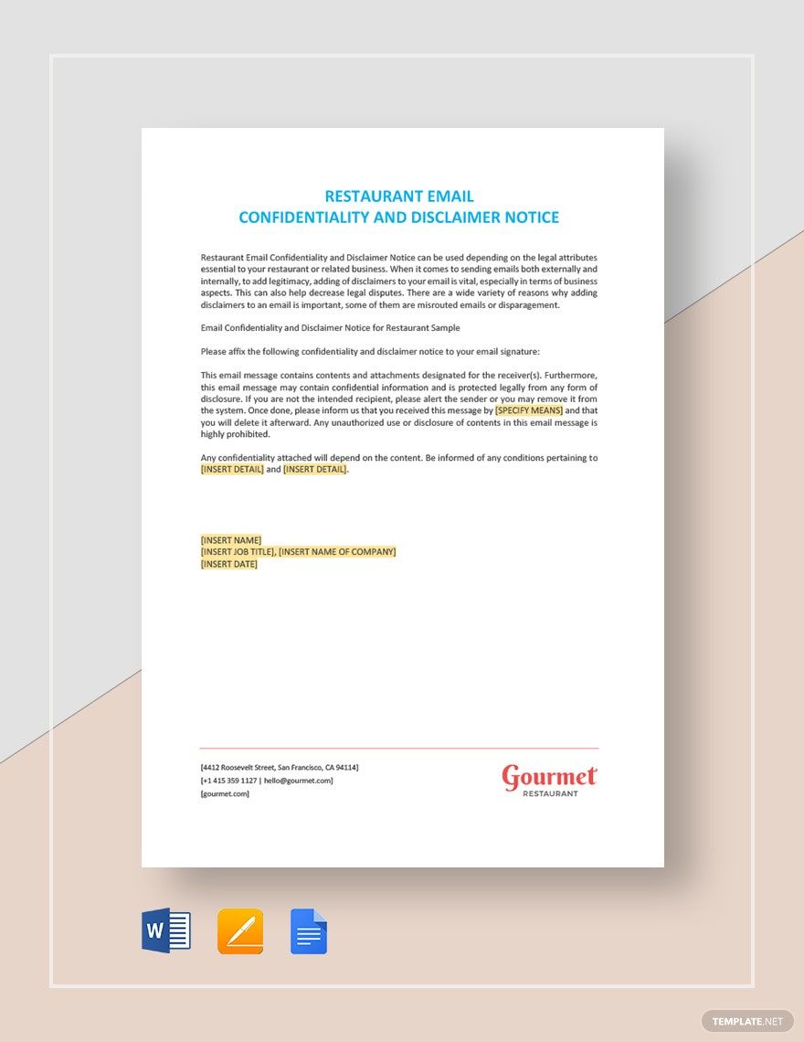 Restaurant Email Confidentiality and Disclaimer Notice Template in Google Docs, Word, Pages - Download | Template.net