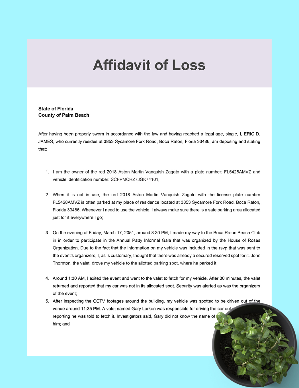 Vehicle Loss Affidavit Template