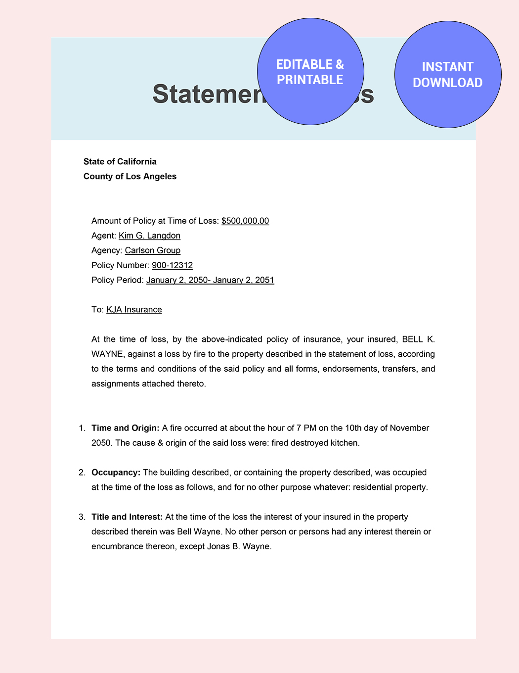 Statement Of Loss Affidavit Template