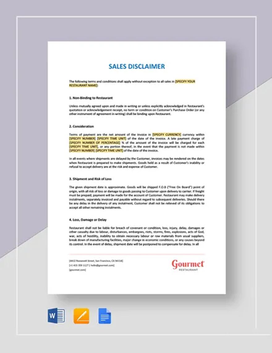 Restaurant Sales Disclaimer Template in Google Docs, Pages, Word - Download | Template.net