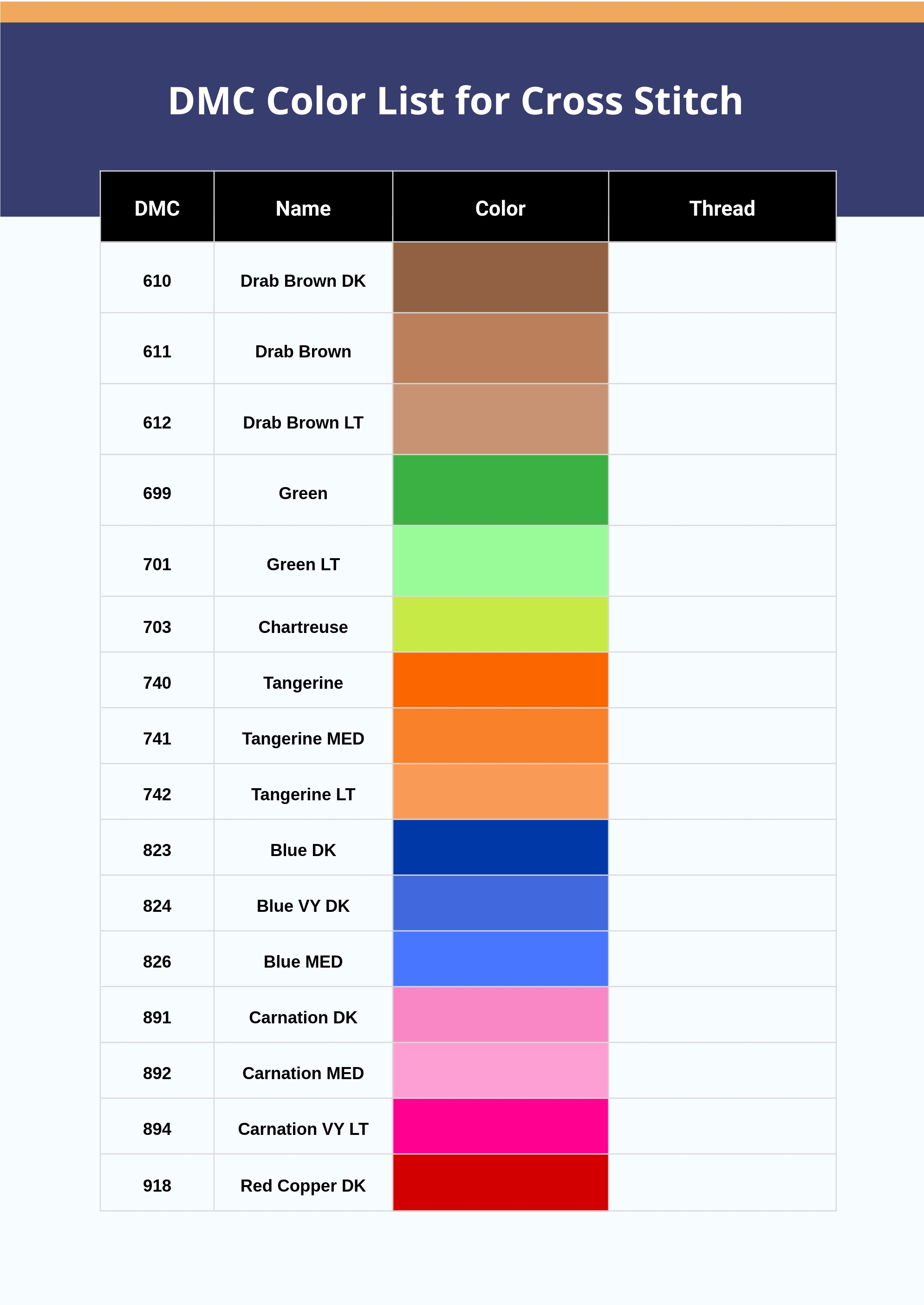 Mailed DMC Color Chart