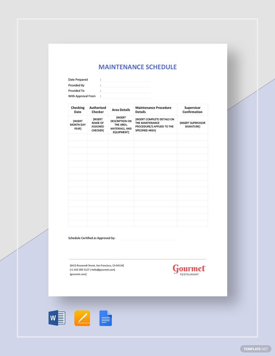 Maintenance Schedule Sample Template