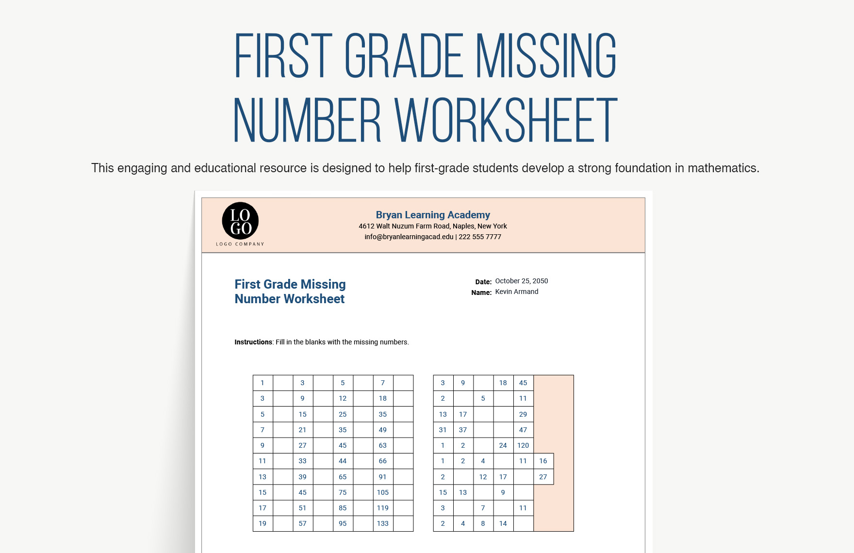 First Grade Missing Number Worksheet