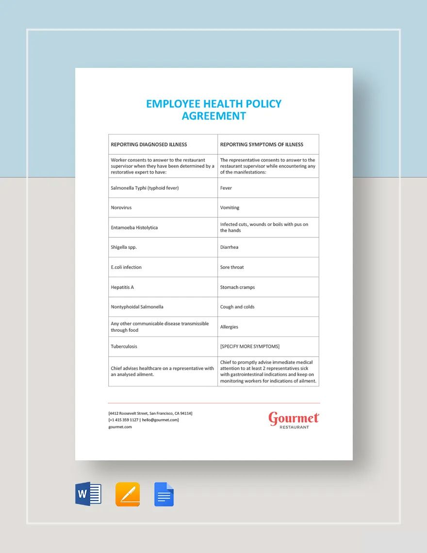 Employee Health Policy Agreement Template in Word, Google Docs, Apple Pages