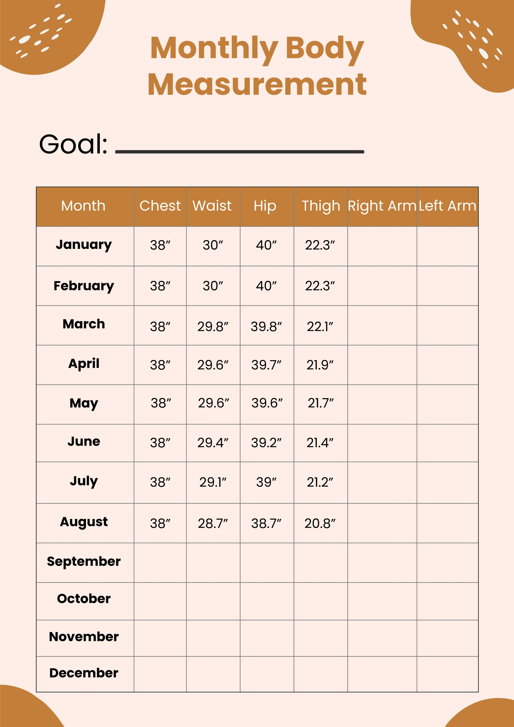 Monthly Body Measurement Chart