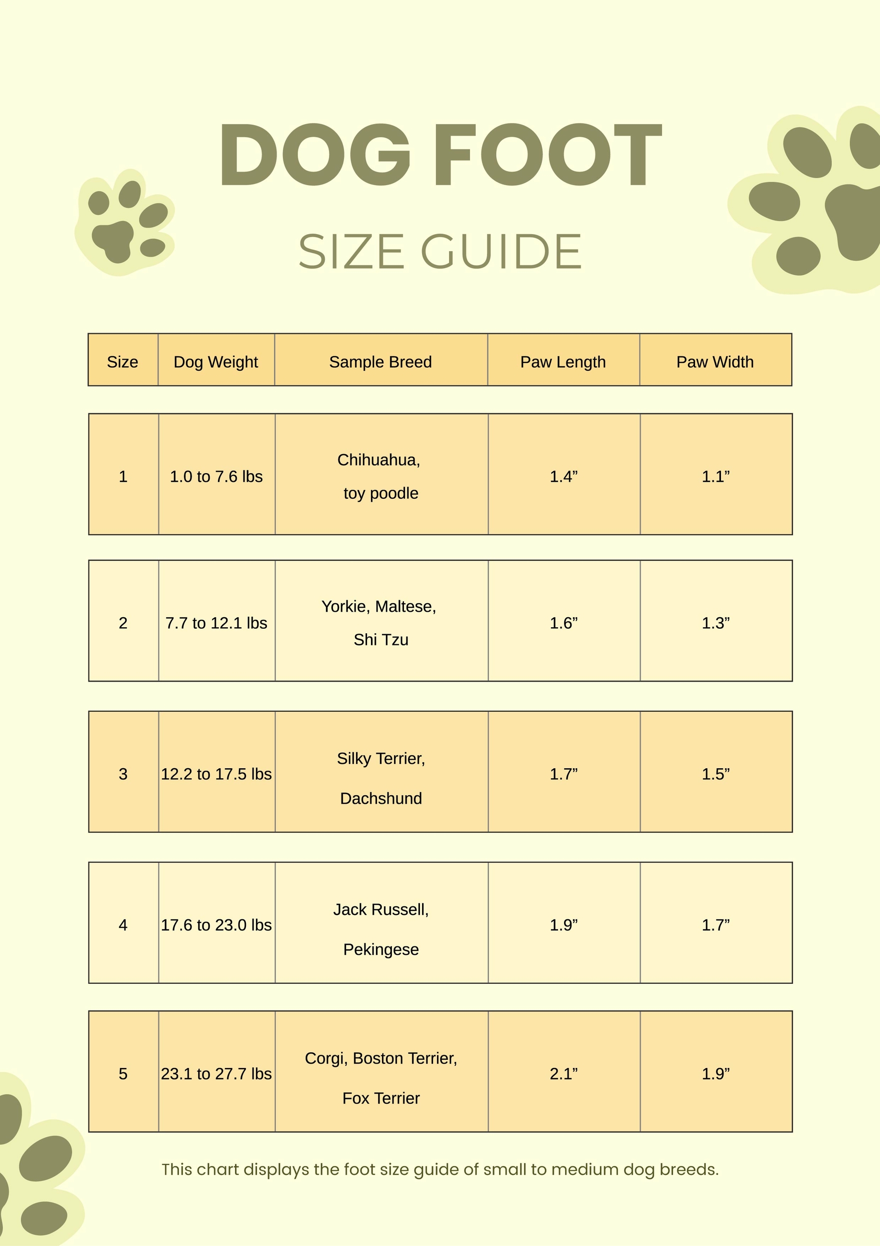 Dog Foot Size Chart