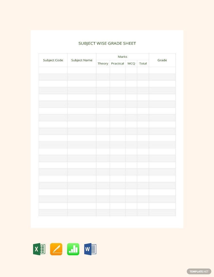 Subject Wise Grade Sheet Template