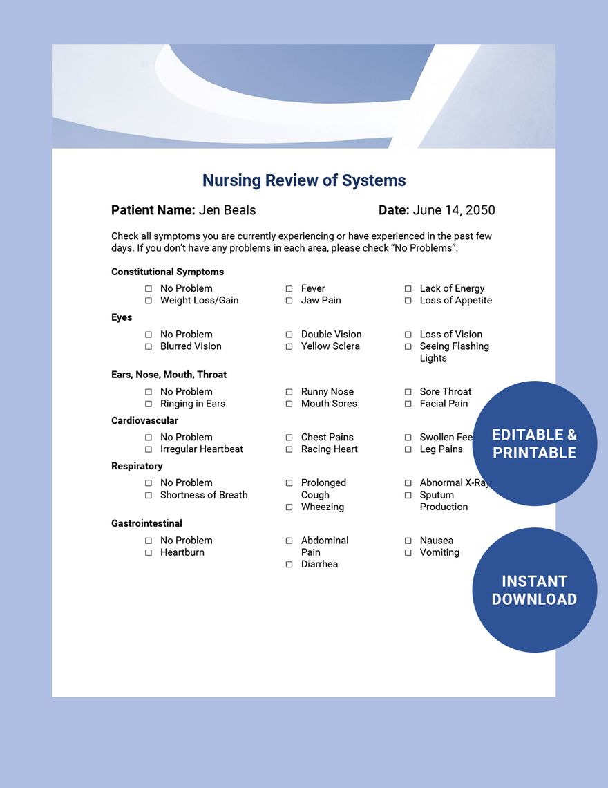 Nursing Review Of Systems Template