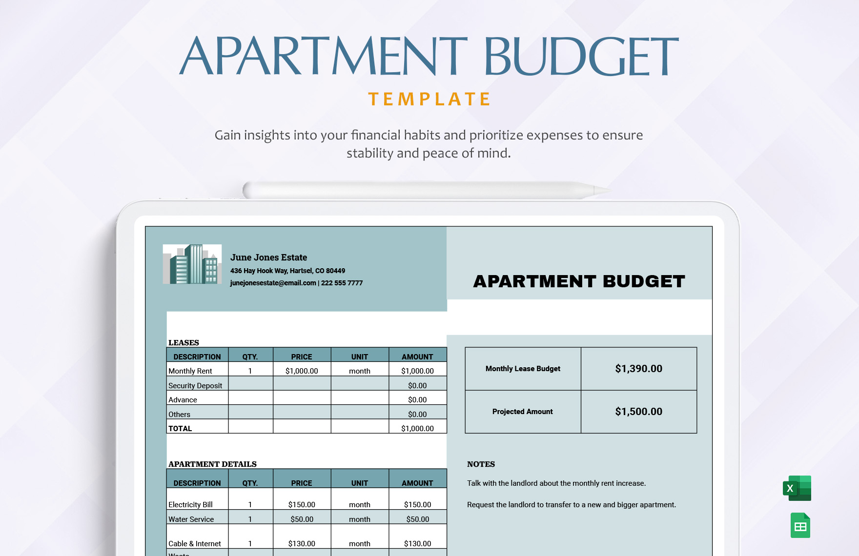 Apartment Budget Template in Excel, Google Sheets - Download | Template.net