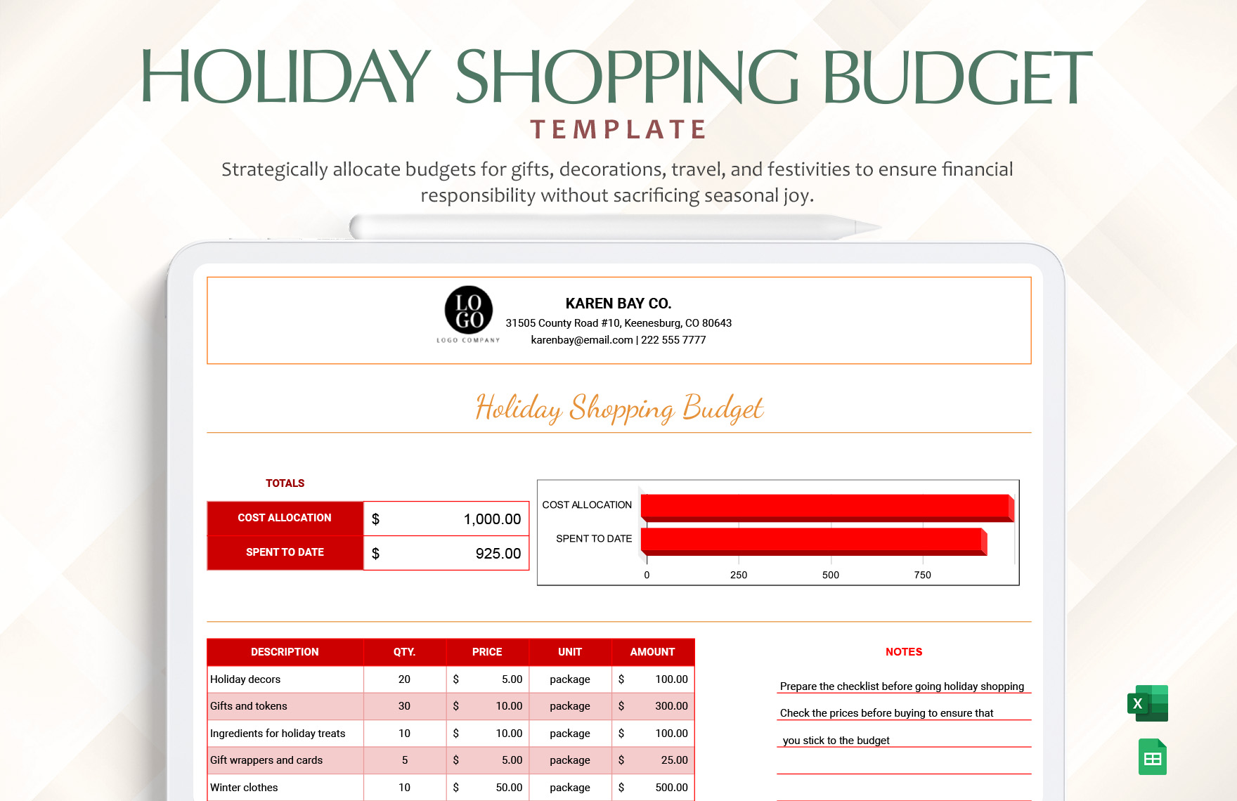 Holiday Shopping Budget in Excel, Google Sheets - Download | Template.net