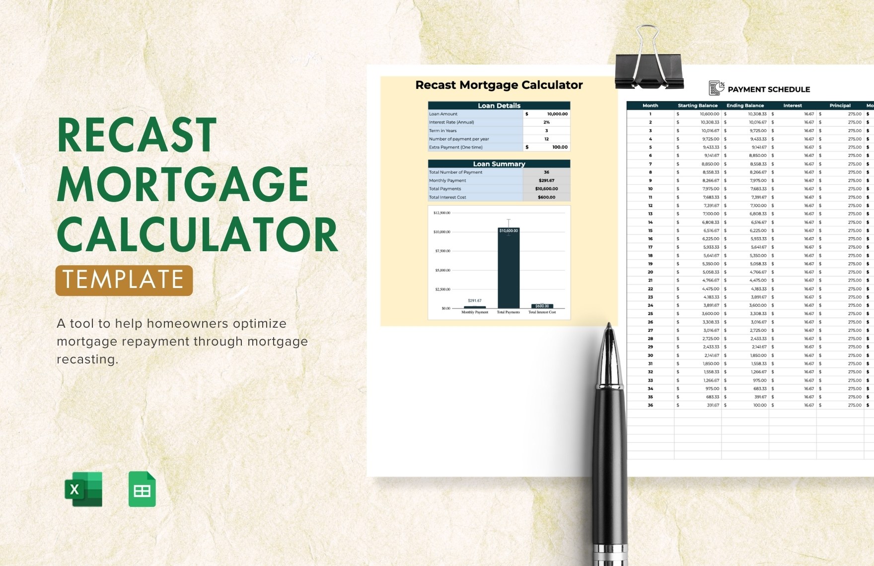 Recast Mortgage Calculator in Excel, Google Sheets - Download | Template.net