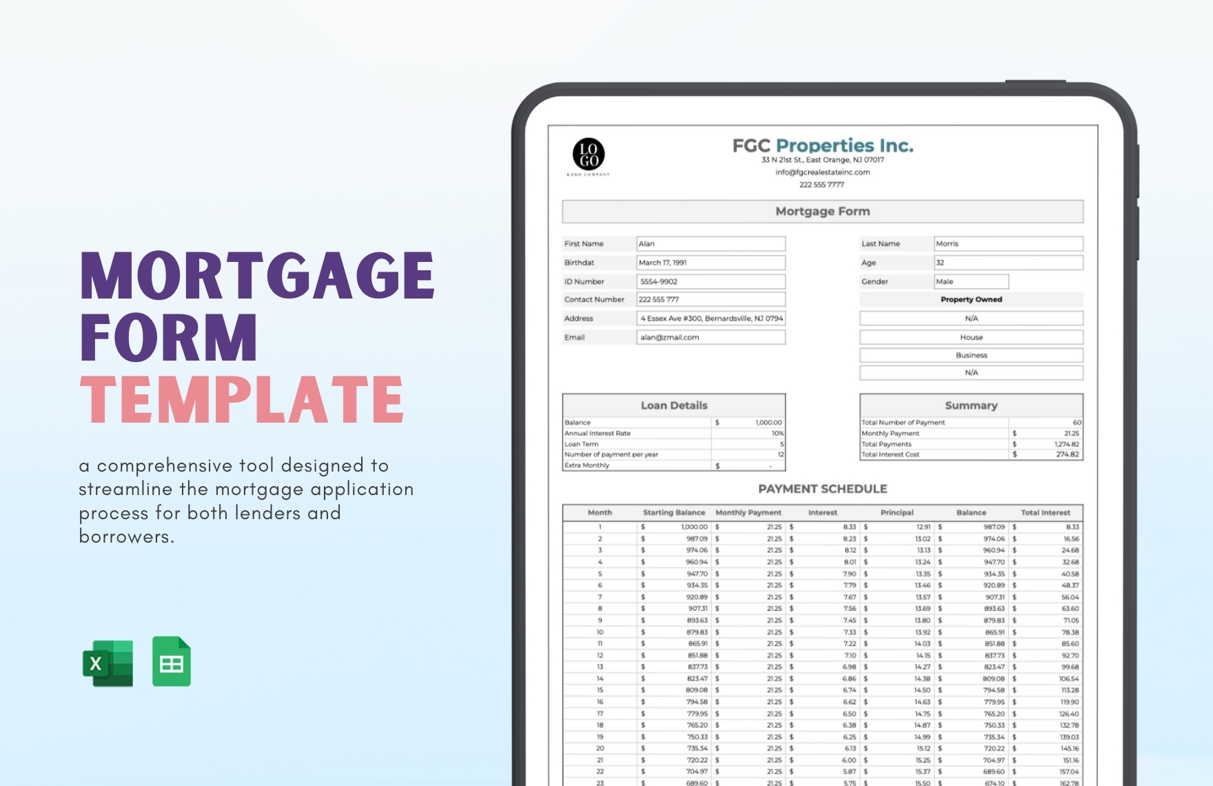 Mortgage Form Template in Excel, Google Sheets - Download | Template.net