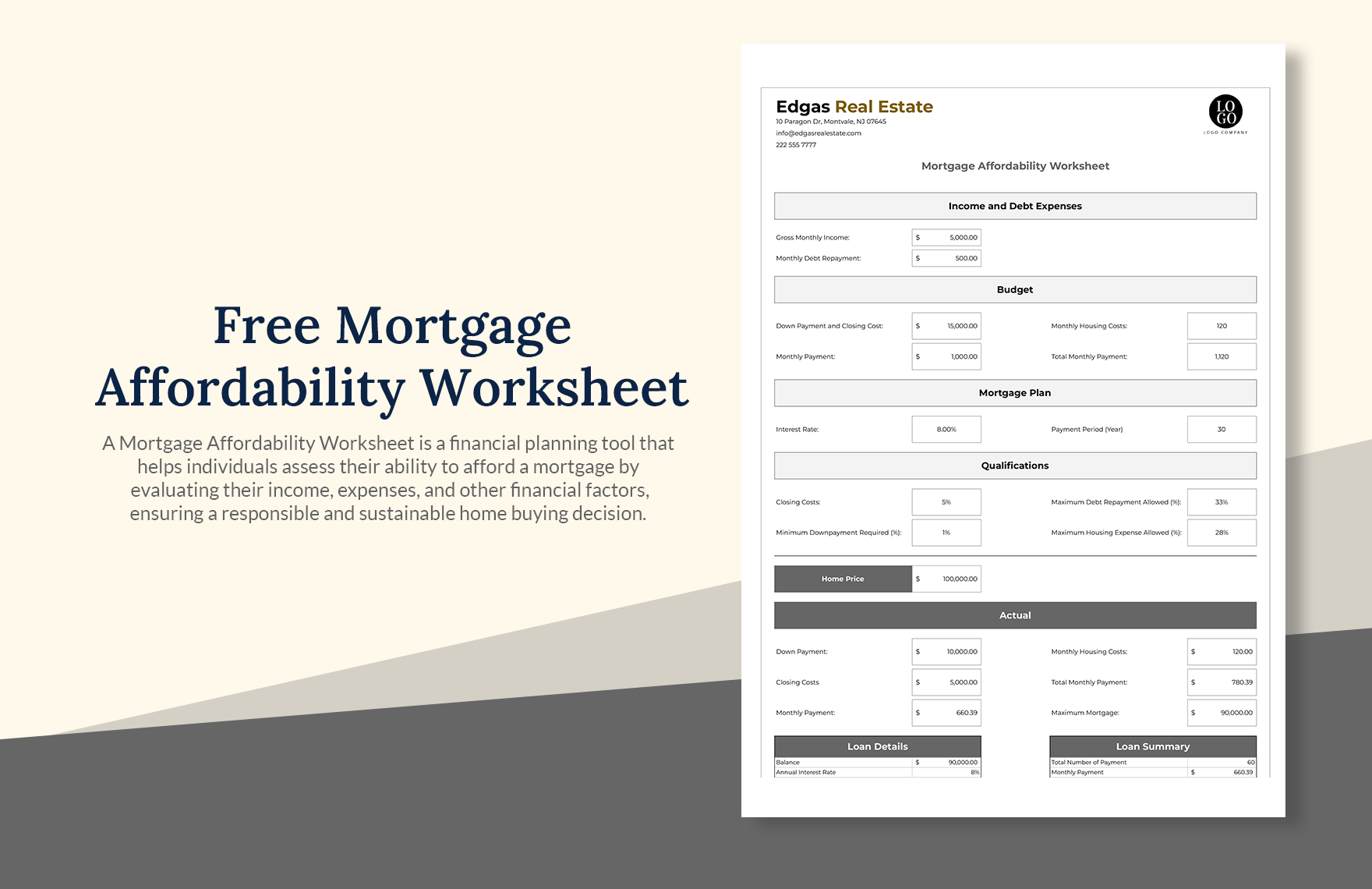 Mortgage Affordability Worksheet in Excel, Google Sheets - Download | Template.net