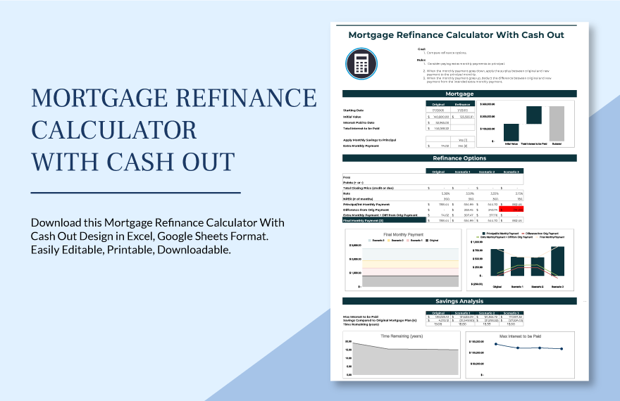 Mortgage Refinance Calculator With Cash Out in Excel, Google Sheets - Download | Template.net