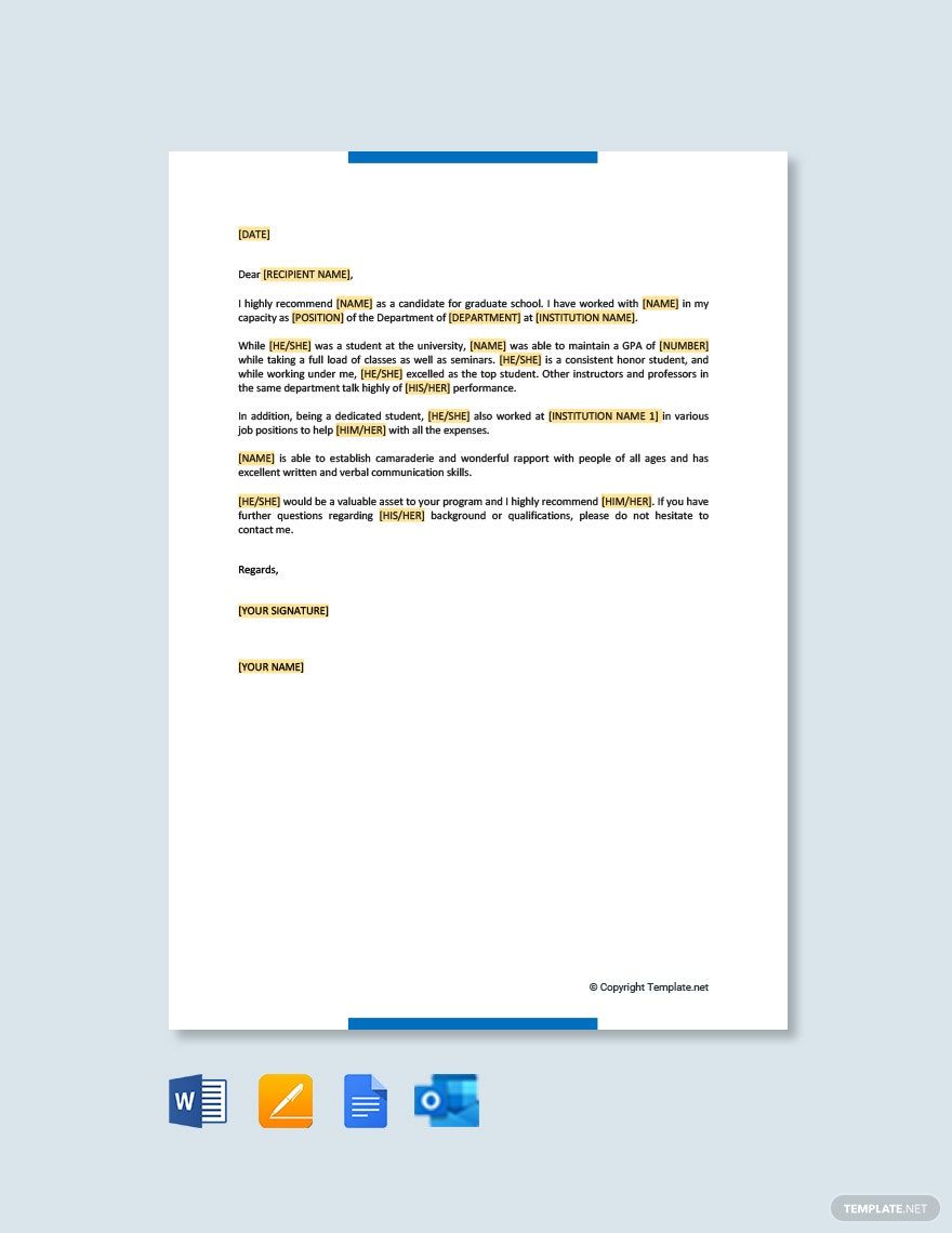 Letter of Recommendation for Graduate School in Google Docs, Pages, Word, PDF - Download | Template.net