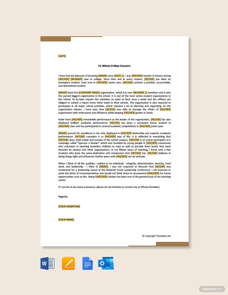 Leadership Recommendation Letter for School Student in Google Docs, Pages, Word, PDF - Download | Template.net