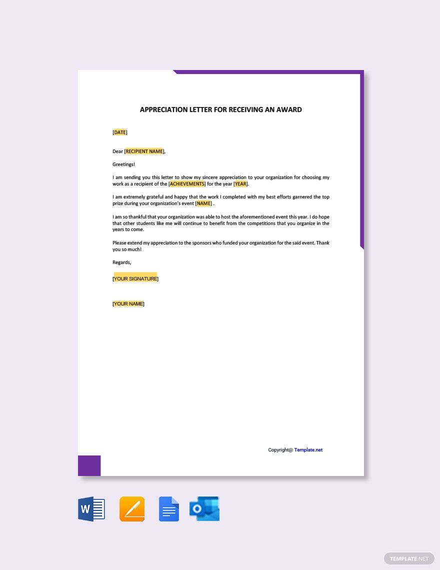 Appreciation Letter for Receiving an Award in Google Docs, Word, Pages, PDF - Download | Template.net