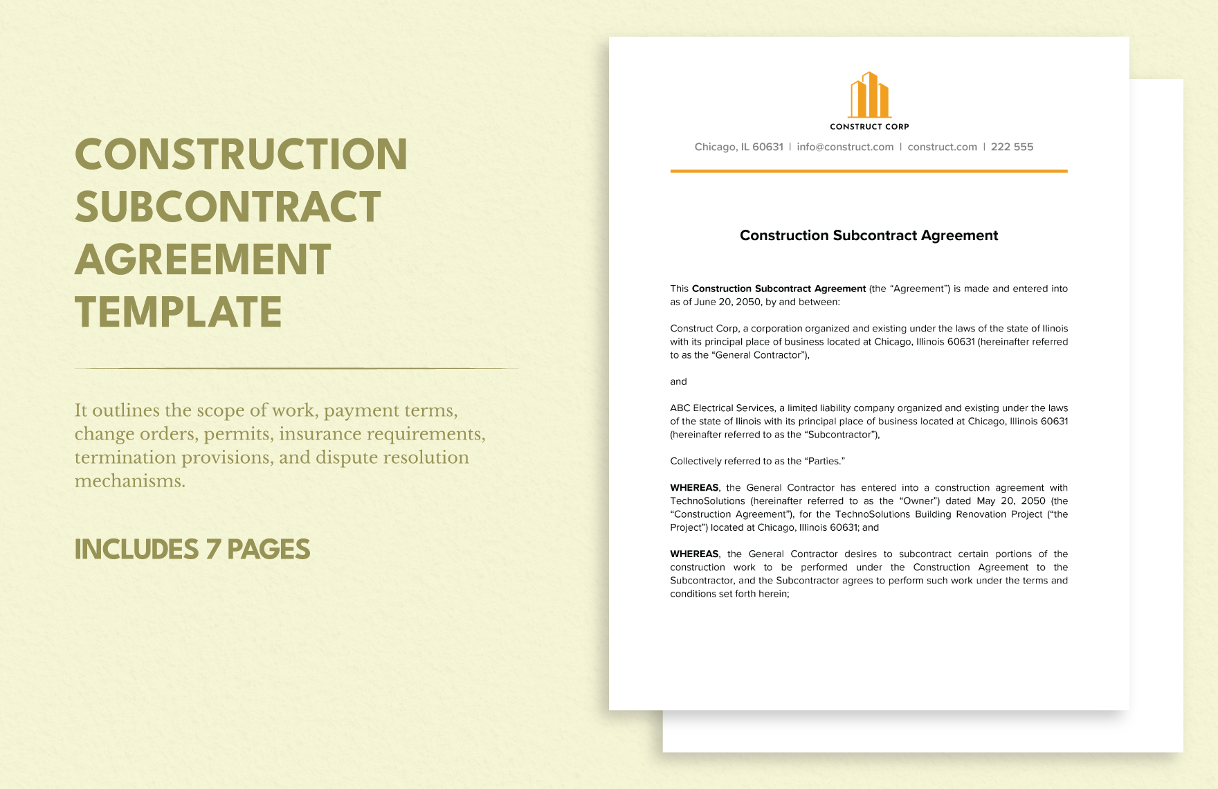 Construction Subcontract Agreement Template