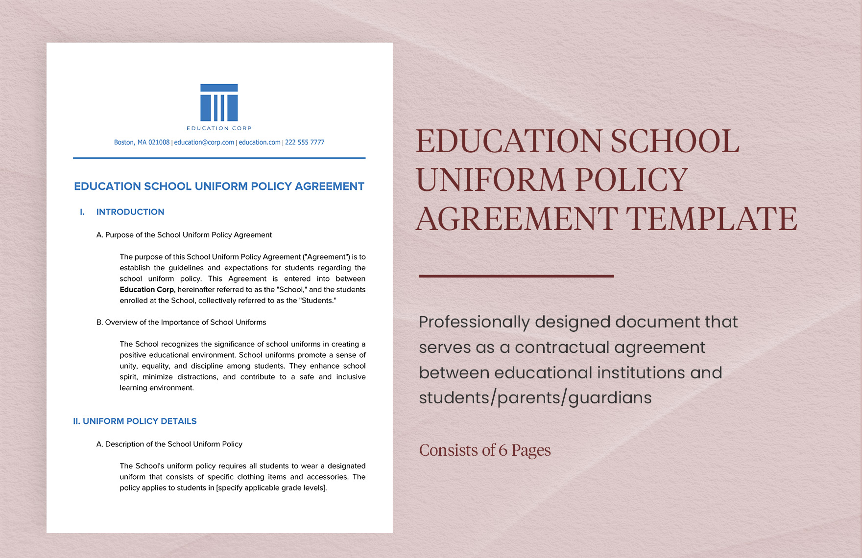 Education School Uniform Policy Agreement Template