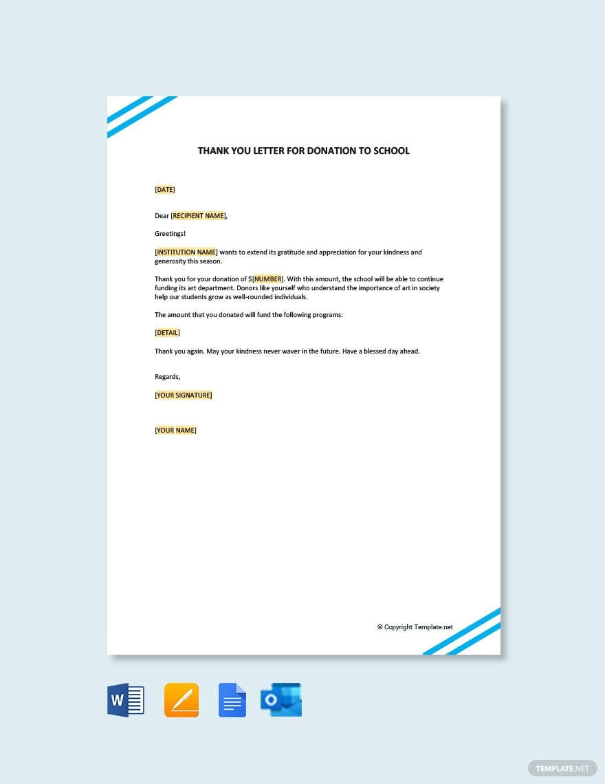 Thank You Letter For Donation To School in Google Docs, Word, Pages, Outlook, PDF - Download | Template.net