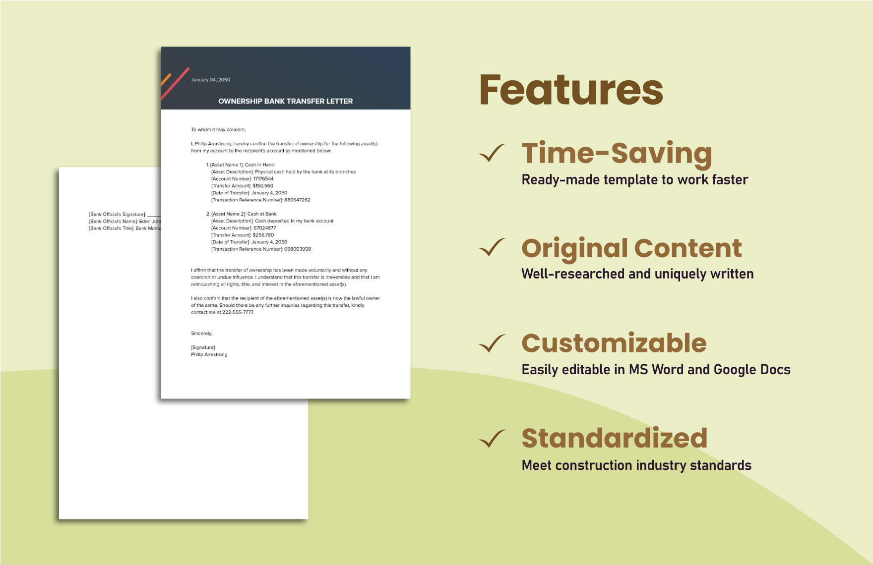 Ownership Bank Transfer Letter Certificate Template