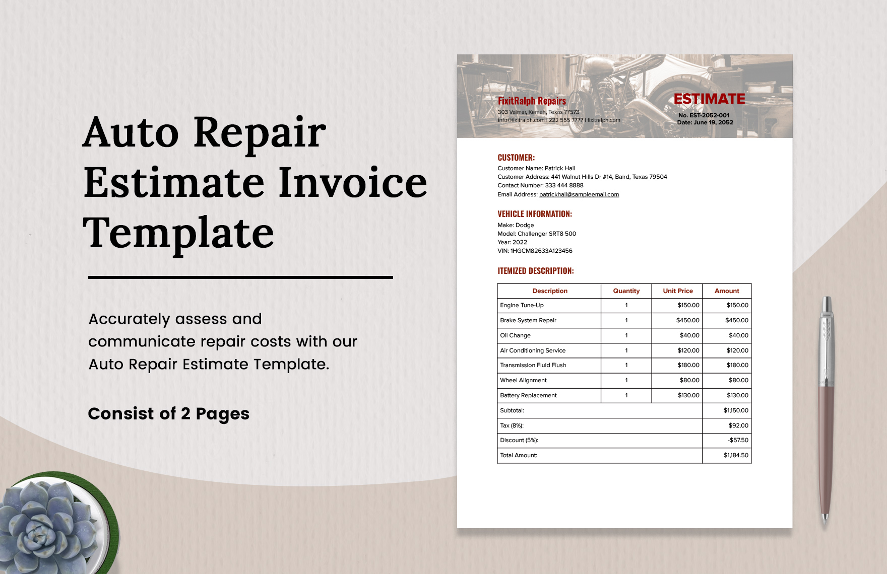 Auto Repair Estimate Invoice  in Word, PDF, Google Docs - Download | Template.net