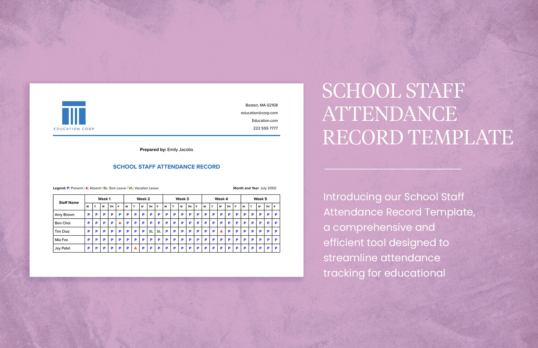 School Staff Attendance Record Template