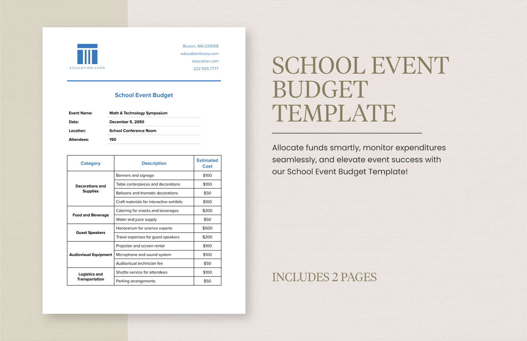 School Event Budget Template