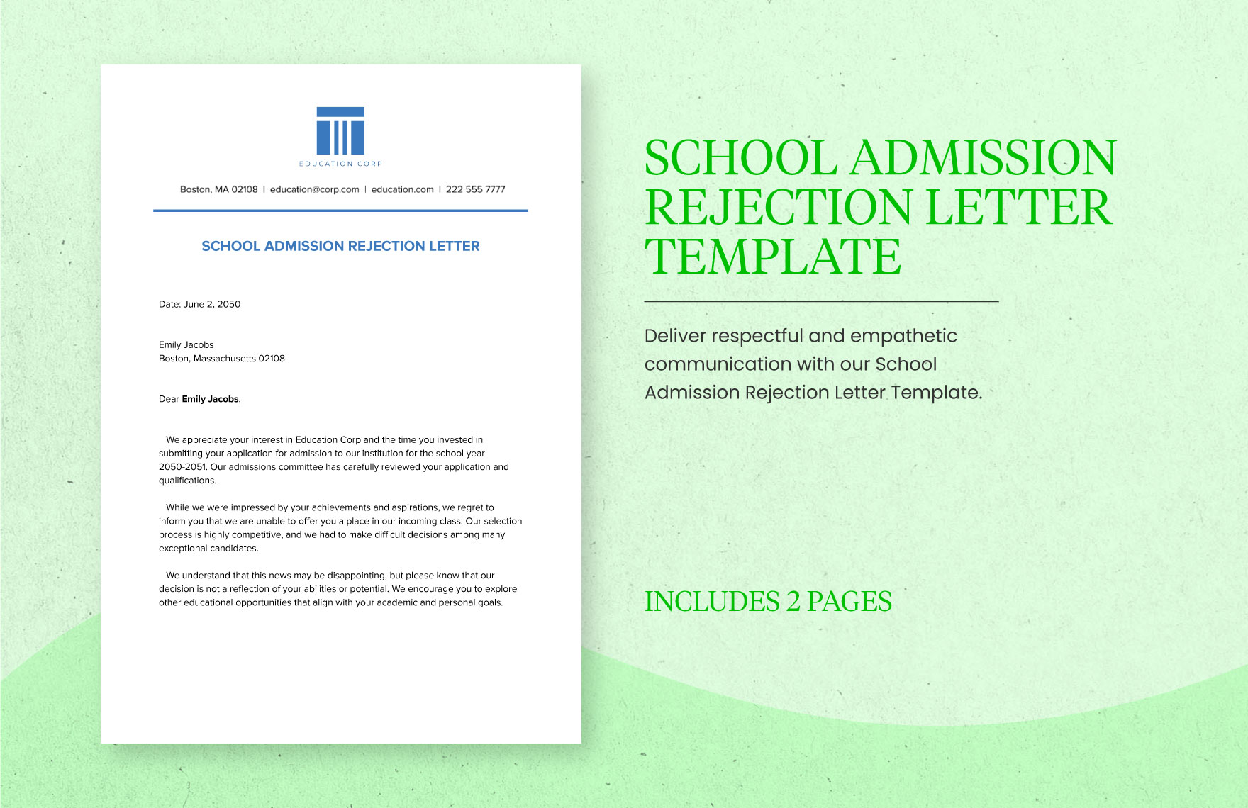 School Admission Rejection Letter Template