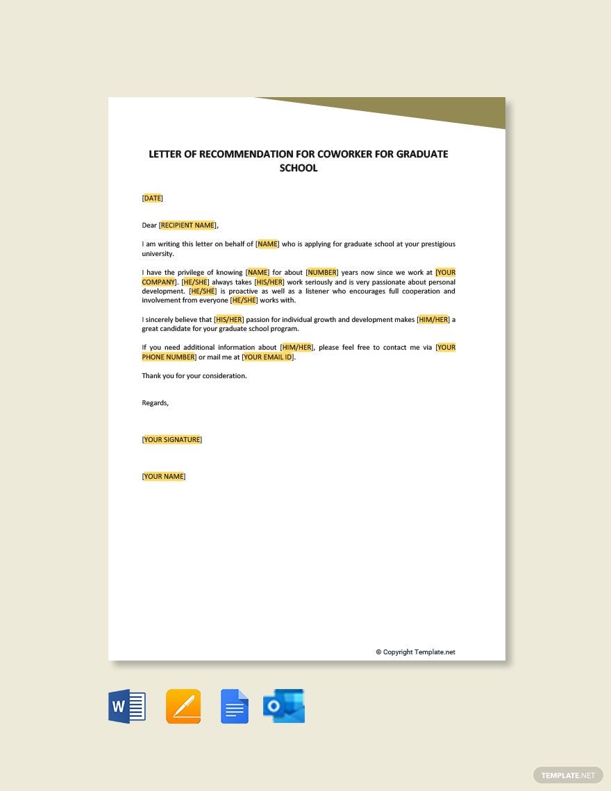 Letter of Recommendation for Coworker for Graduate School in Google Docs, Pages, Word, Outlook, PDF - Download | Template.net