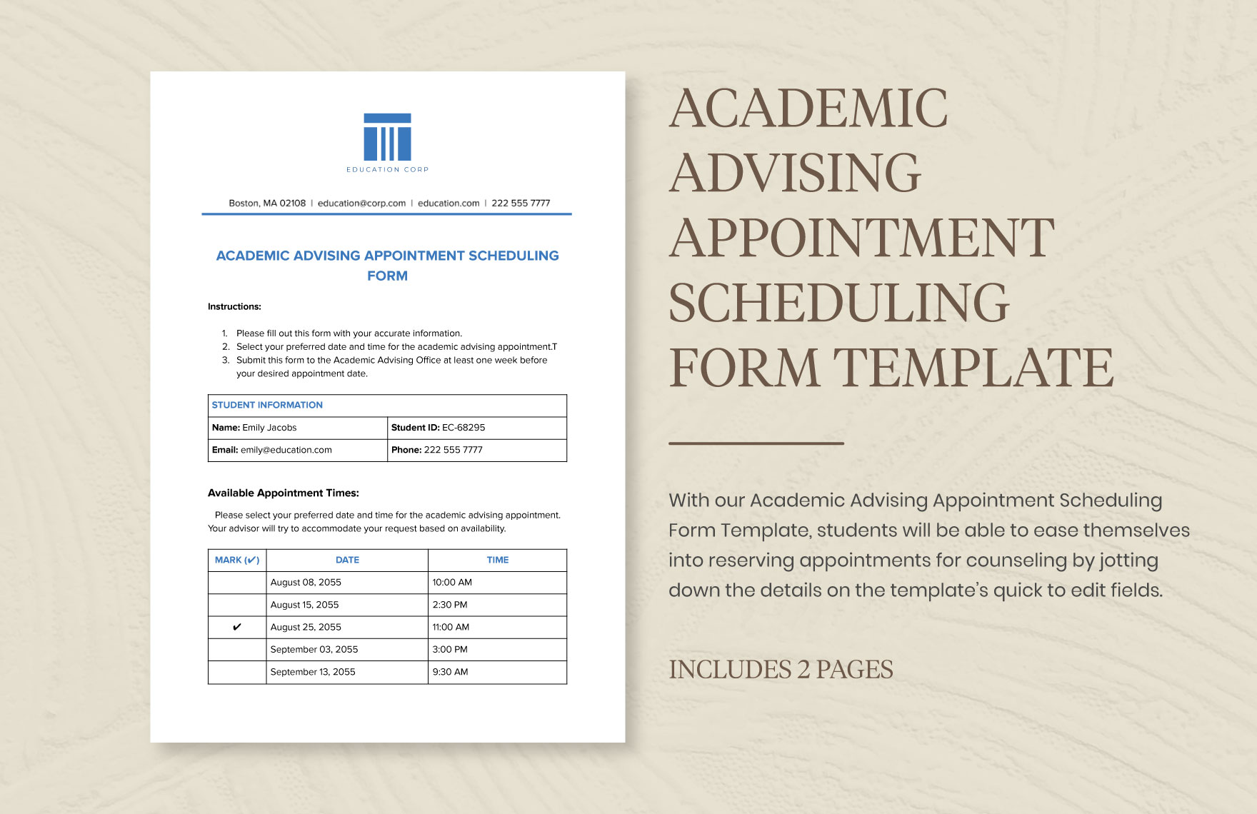 Academic Advising Appointment Scheduling Form Template