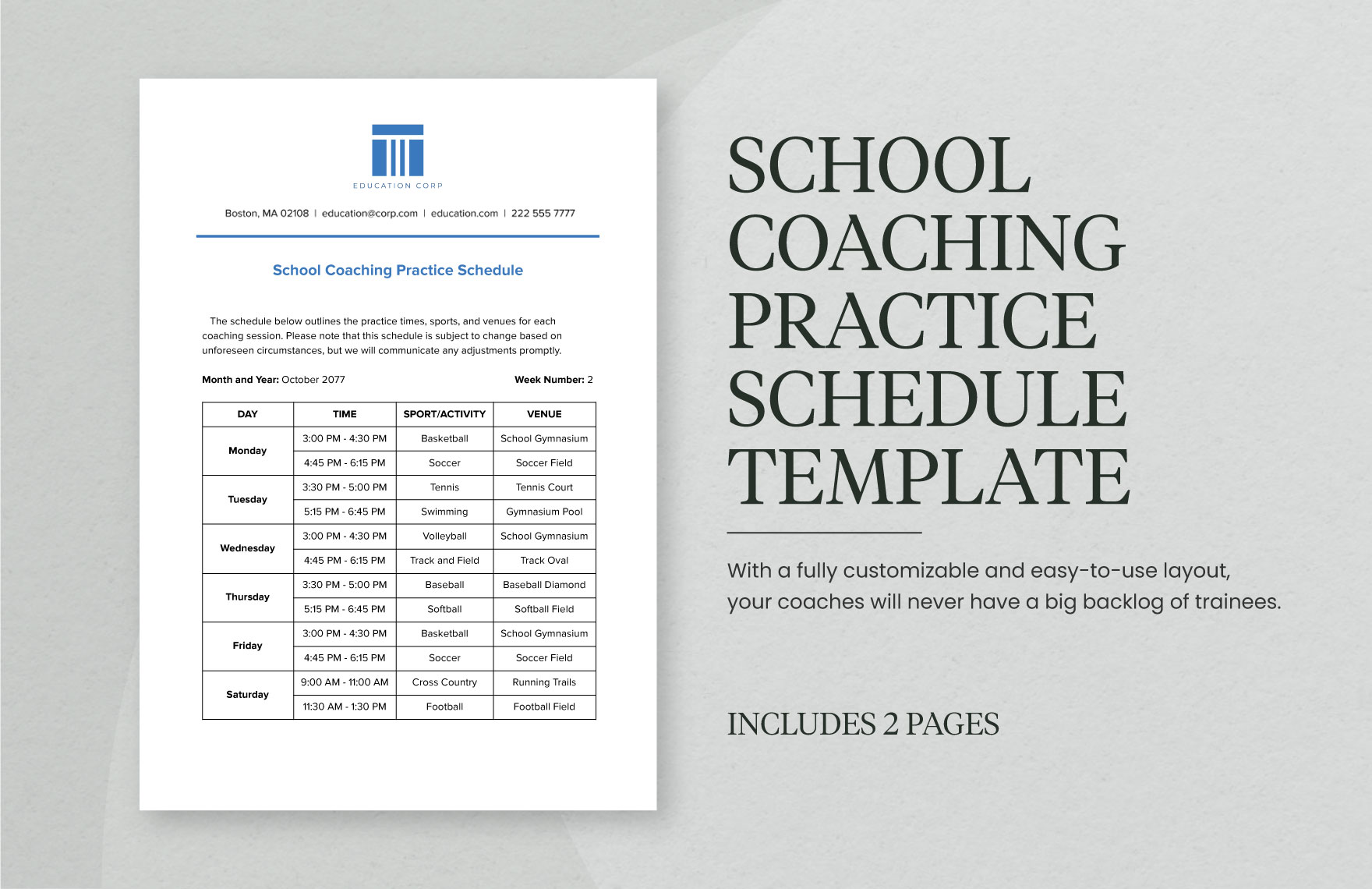 School Coaching Practice Schedule Template