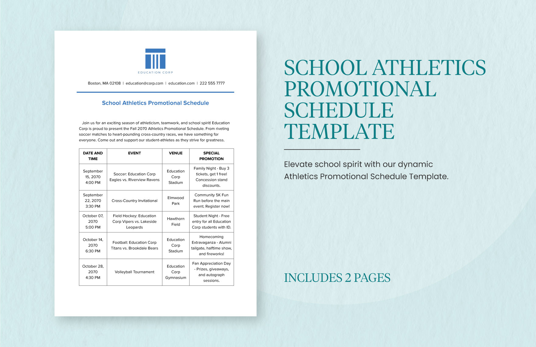 School Athletics Promotional Schedule Template