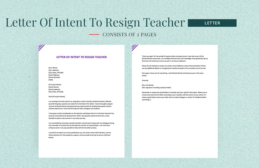 Letter Of Intent To Resign Teacher in Word, Google Docs, Pages ...