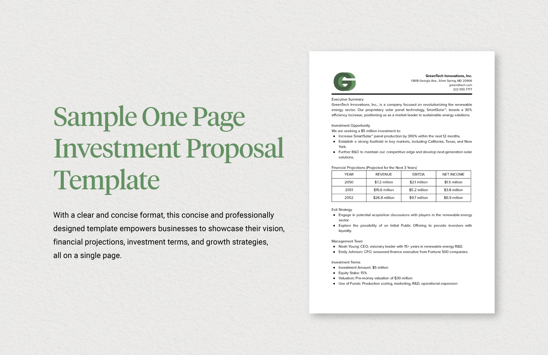 Sample One Page Investment Proposal Template