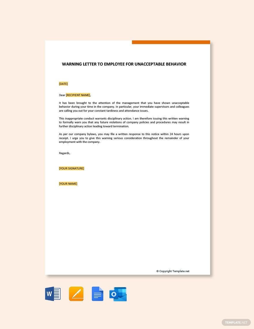 Warning Letter To Employee For Unacceptable Behavior in Google Docs, Pages, Word, Outlook, PDF - Download | Template.net